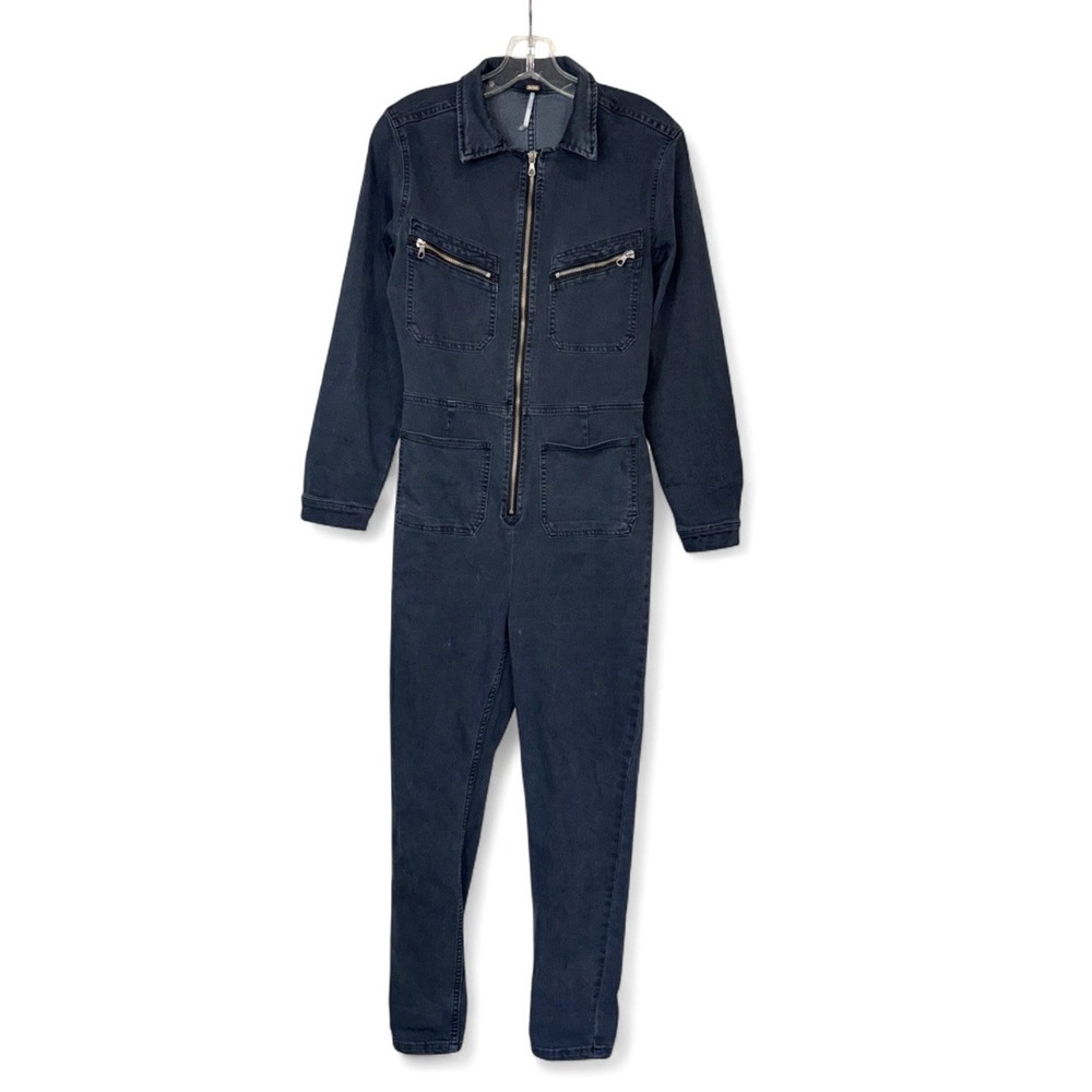 Free People Lennox Jumpsuit M Dark Blue Denim Utility Coveralls Zip Workwear